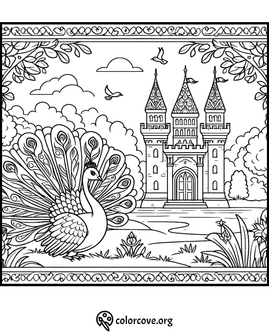 A detailed peacock coloring page with a majestic castle and trees in the background. Hosted by colorcove.org.