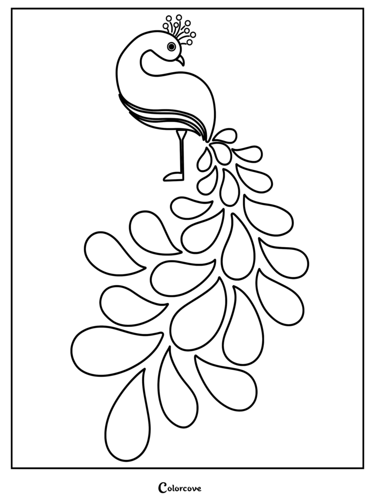 Intricate peacock line art coloring page with ornate tail feathers, delicate crest, and floral accents.