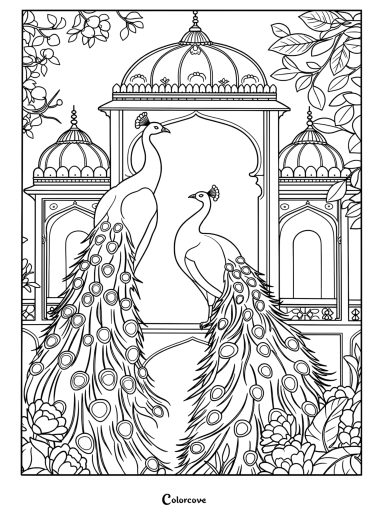 A decorative peacock coloring page featuring intricate feathers, floral swirls, and bold mandala-style eye patterns in black and white line art.