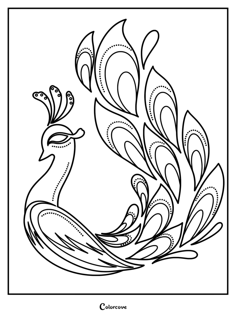 Intricate peacock coloring page featuring detailed feather patterns, a floral background, and delicate linework.