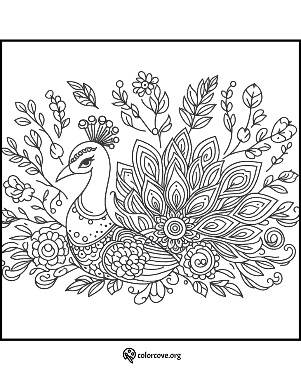 Coloring page of a decorative peacock featuring intricate floral designs and detailed feather patterns for adults and kids.