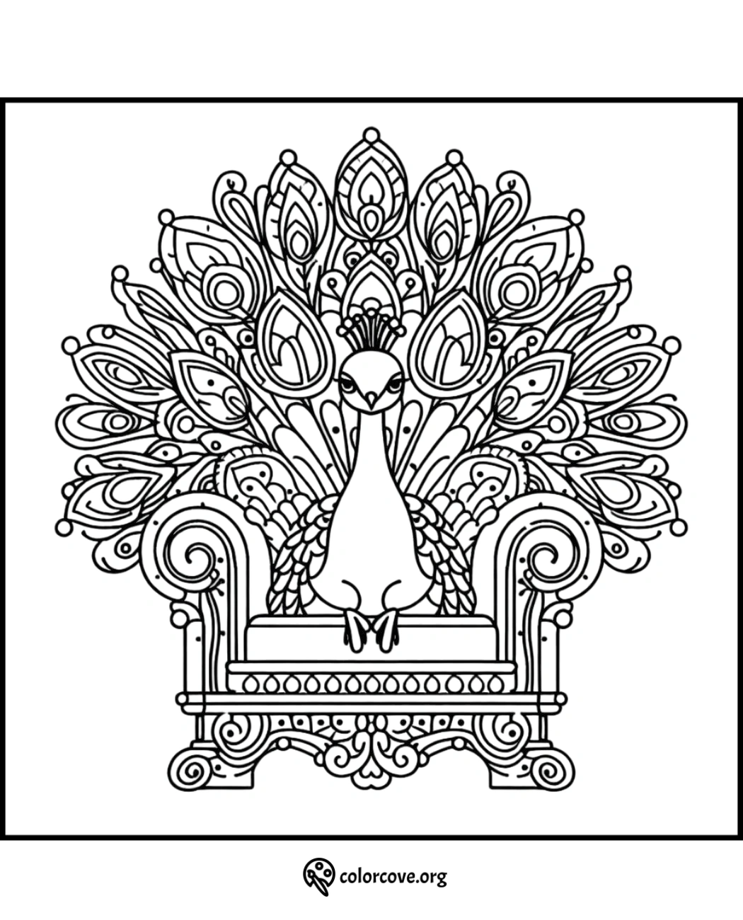 Intricate peacock coloring page with detailed feathers and an ornate chair, perfect for creativity and relaxation.