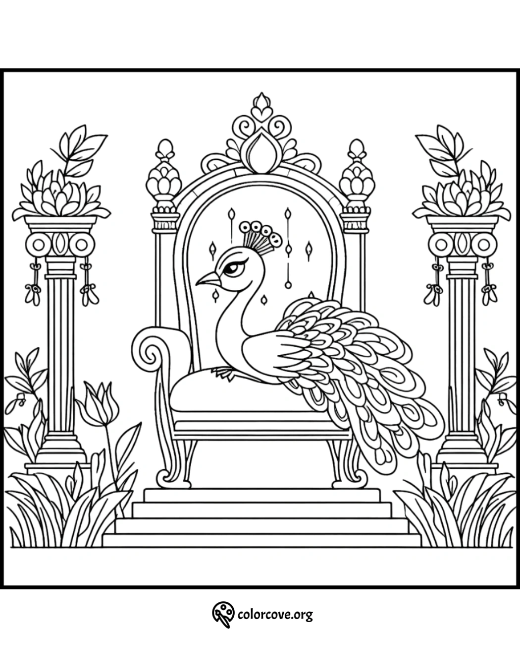 Coloring page of an elegant peacock on a royal chair, surrounded by ornate columns and floral elements.