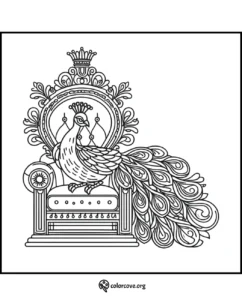 Intricate peacock on a royal throne coloring page for kids and adults. Perfect for creative fun and relaxation.