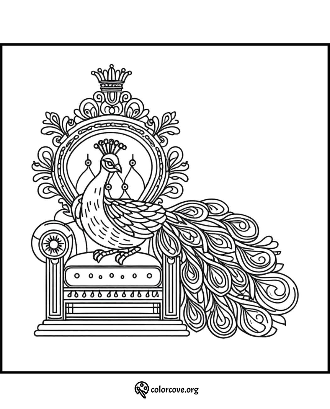 Intricate peacock on a royal throne coloring page for kids and adults. Perfect for creative fun and relaxation.