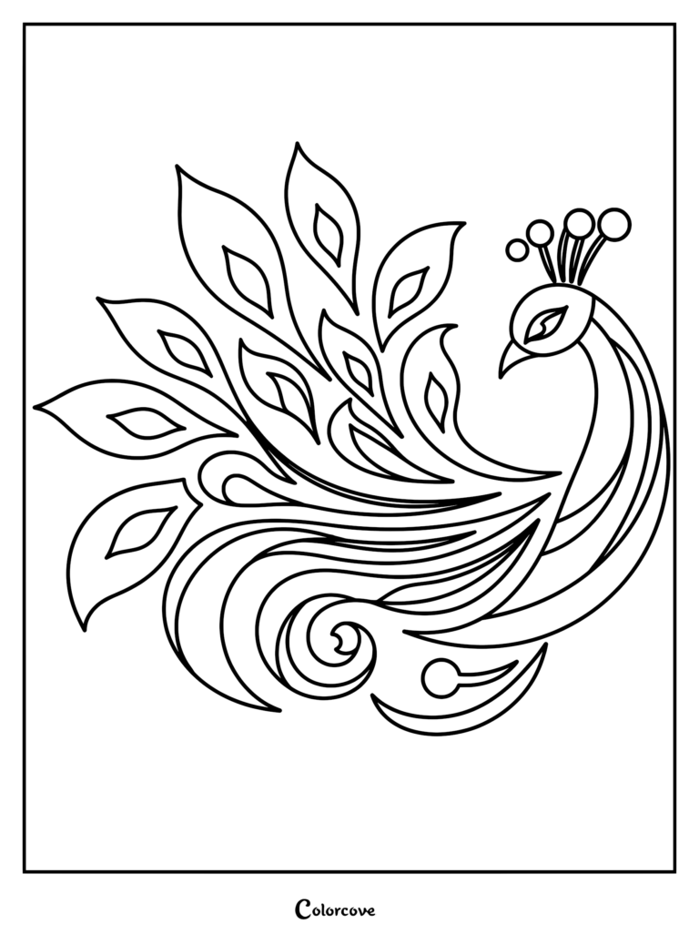 Intricate peacock coloring page featuring a majestic bird with a fanned tail of ornate feathers, decorative swirls, and detailed eye-pattern motifs.