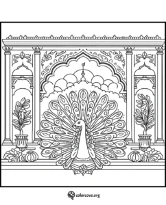 Peacock coloring page with intricate designs, set in an ornate archway and adorned with potted plants. Great for relaxation.