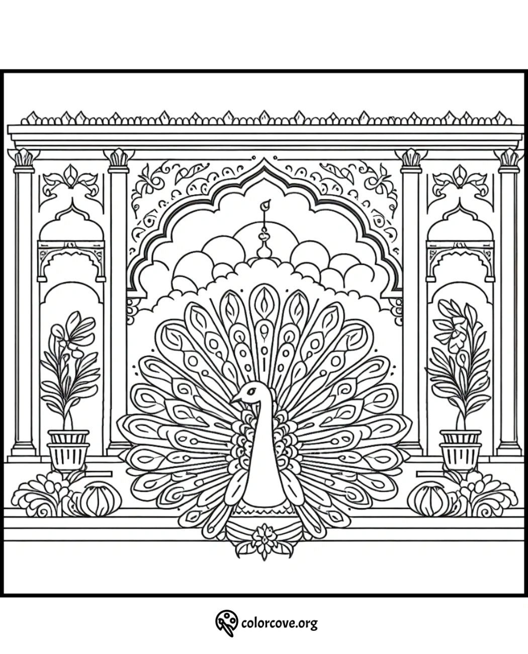 Peacock coloring page with intricate designs, set in an ornate archway and adorned with potted plants. Great for relaxation.