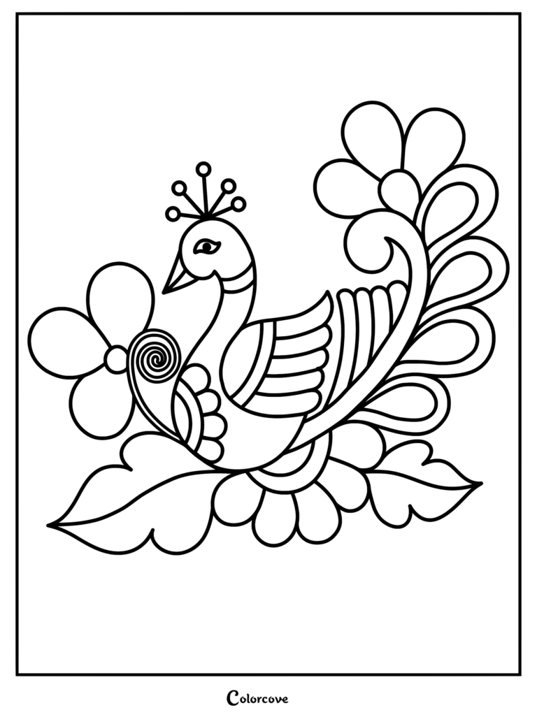 A detailed line art coloring page of a majestic peacock with an ornate fan of feathers and patterned plumage.