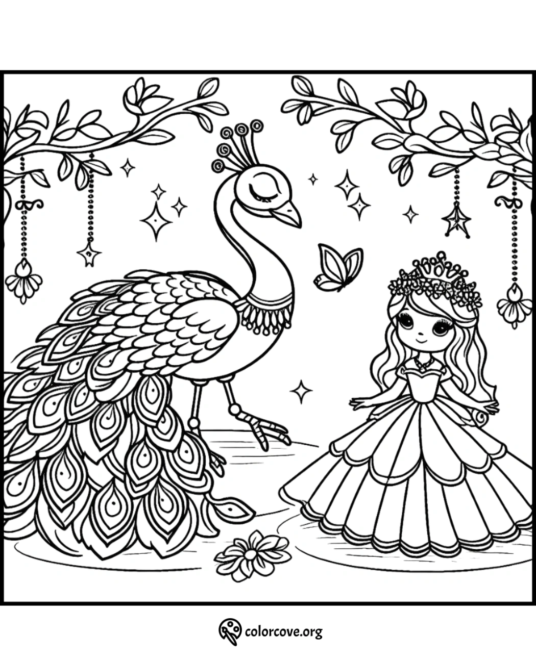 Coloring page with a beautiful peacock and princess in a scenic garden, surrounded by stars, flowers, and butterflies.