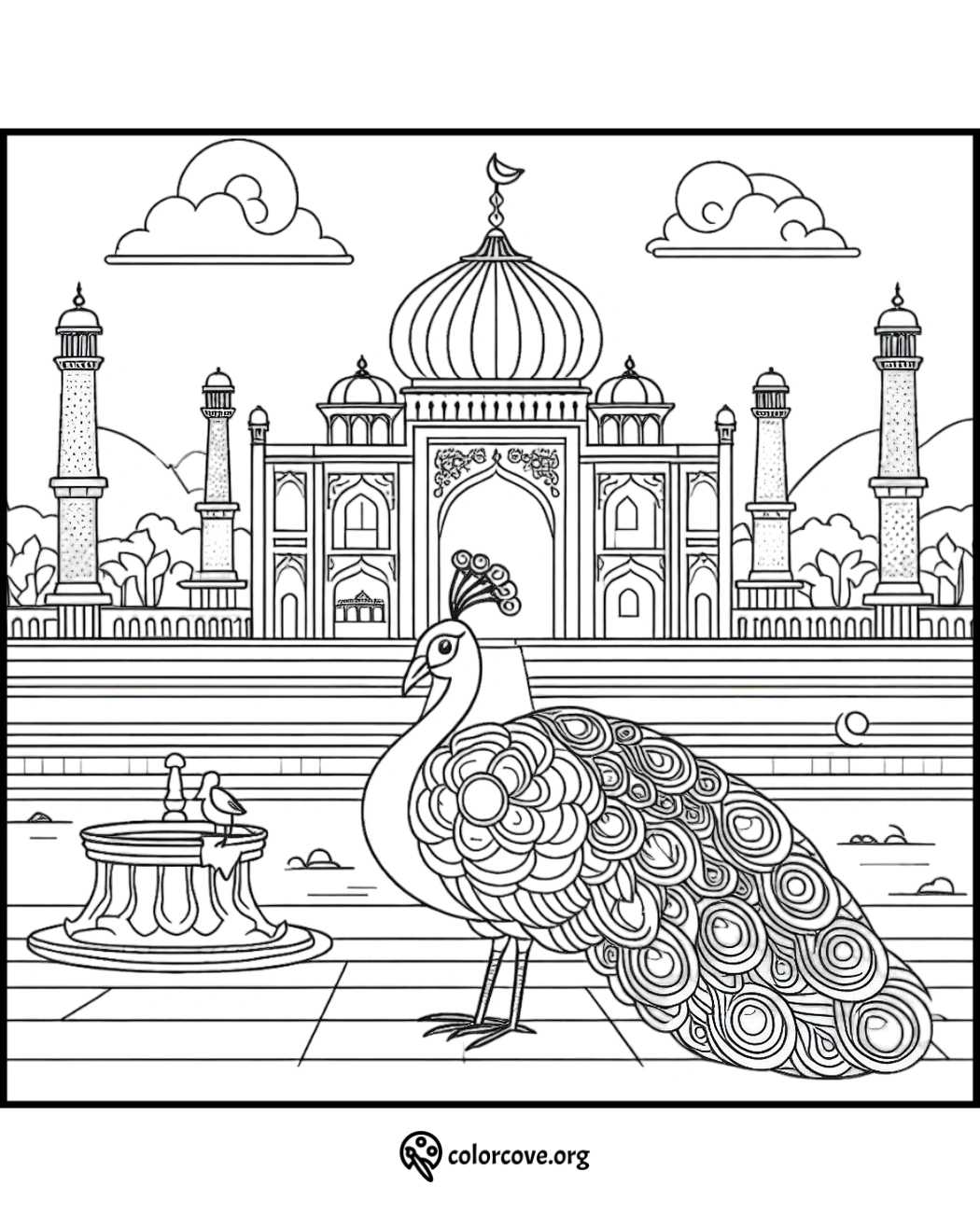 Coloring page featuring a detailed peacock in front of an intricate, grand palace with minarets, domes, and decorative elements.