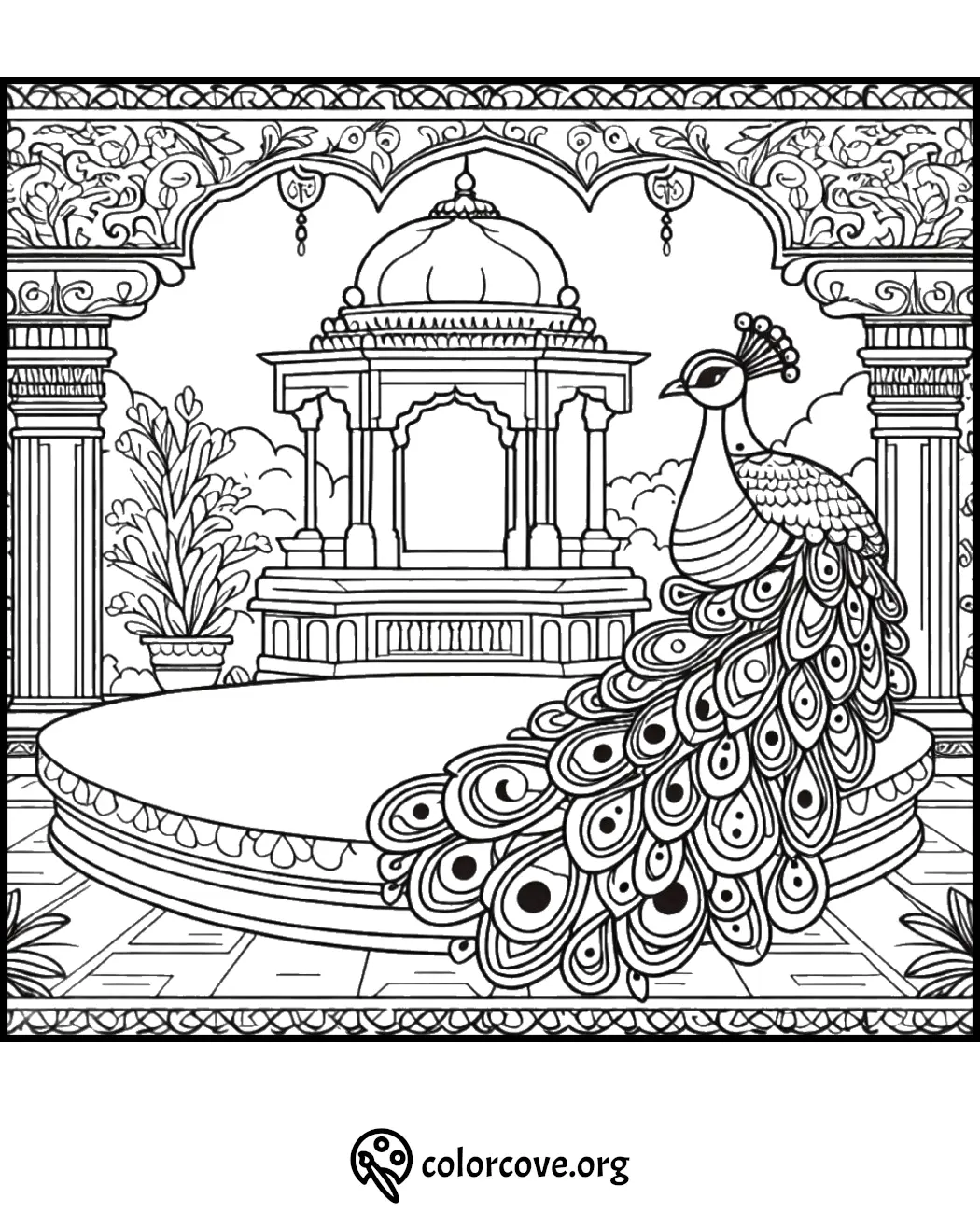 Intricate peacock coloring page with ornate temple backdrop, featuring detailed feathers and decorative architecture.