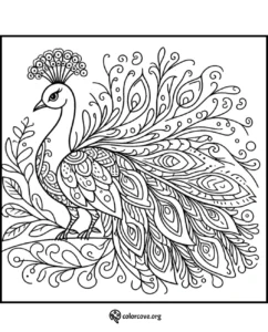 Detailed peacock coloring page with intricate feather patterns and foliage, perfect for relaxation and coloring enthusiasts.