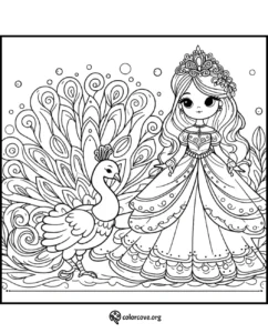 Coloring page with princess in elegant gown and crown standing beside a majestic peacock with detailed feathers.