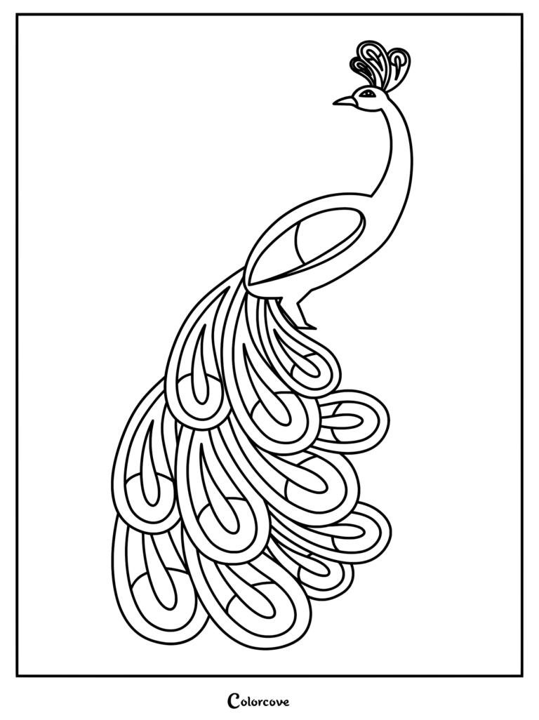 A cute chibi princess wearing a crown and elaborate gown standing next to a majestic peacock with a large, patterned fan-shaped tail on a coloring page.