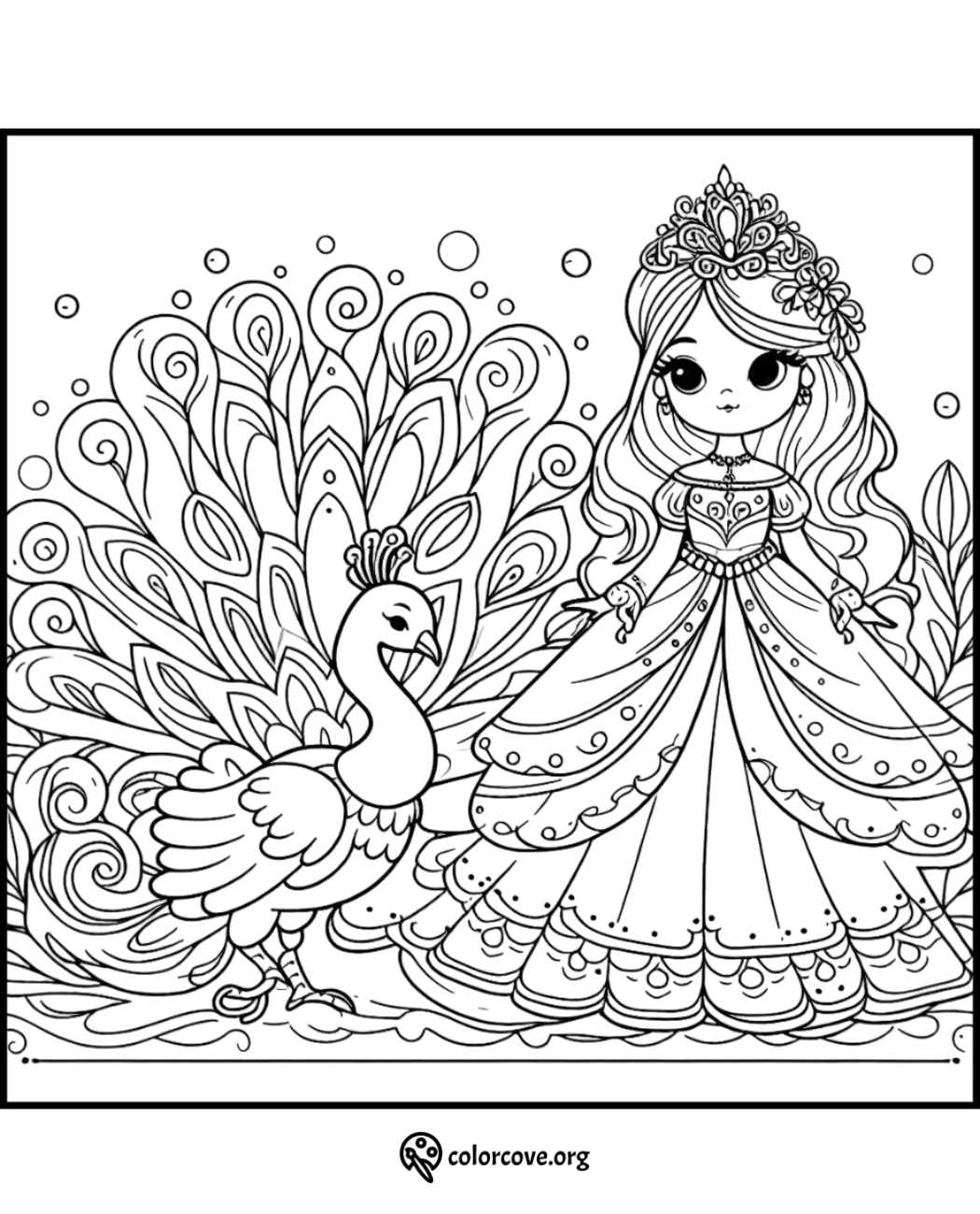 Coloring page with princess in elegant gown and crown standing beside a majestic peacock with detailed feathers.