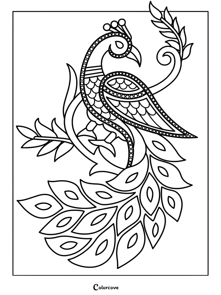 A princess in a regal gown and crown gesturing toward a majestic peacock with a fanned tail, accompanied by a small owl, in this printable coloring page.