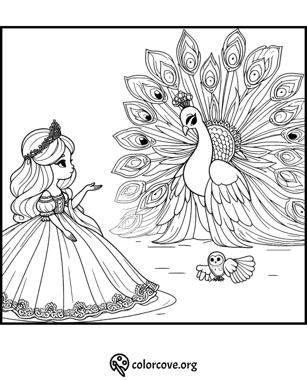 Princess with flowing gown admires majestic peacock, while a cute owl flies near them. Coloring page from ColorCove.