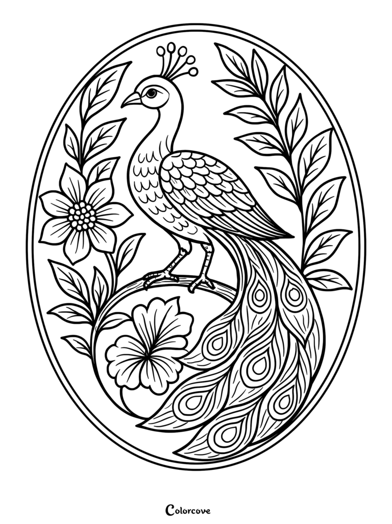 A printable peacock coloring page featuring a bird with a detailed mandala-patterned body and ornate eye-spotted tail feathers.