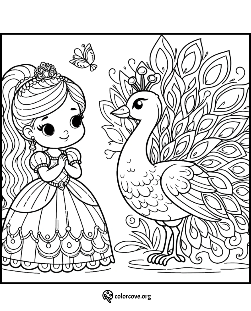 Coloring page of a princess in a gown with a tiara, admiring a peacock with a butterfly flying nearby.