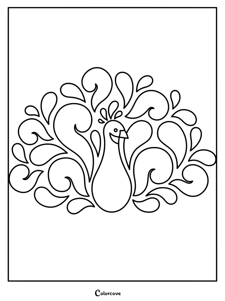 Intricate peacock coloring page featuring a regal bird with detailed feather patterns, crest, and swirling tail plumes.