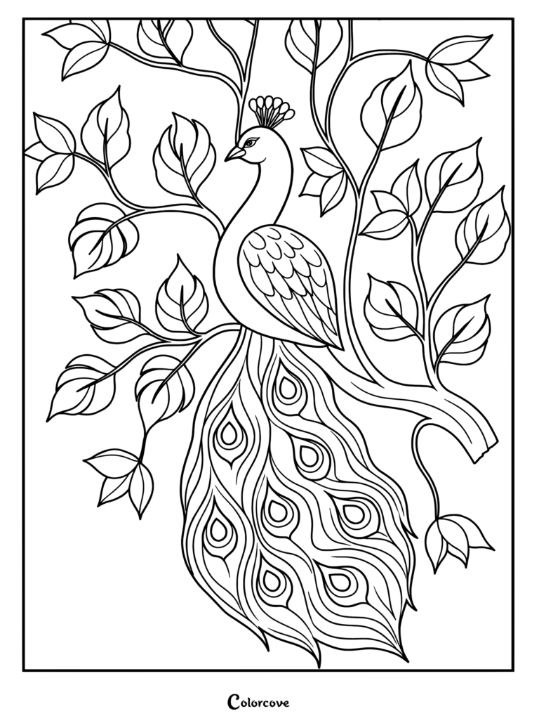 Intricate peacock coloring page featuring a regal bird with a sprawling patterned tail standing before an ornate Indian-style palace with large domes and archways.