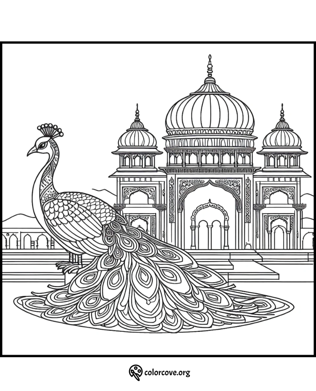 Peacock and ornate palace coloring page, intricate mandala designs, printable adult coloring sheet from colorcove.org.