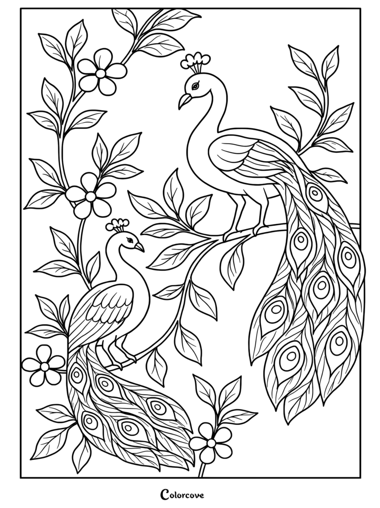 A whimsical coloring page featuring a young princess in a crown and gown standing next to a proud peacock displaying its large, elaborate feathered tail.