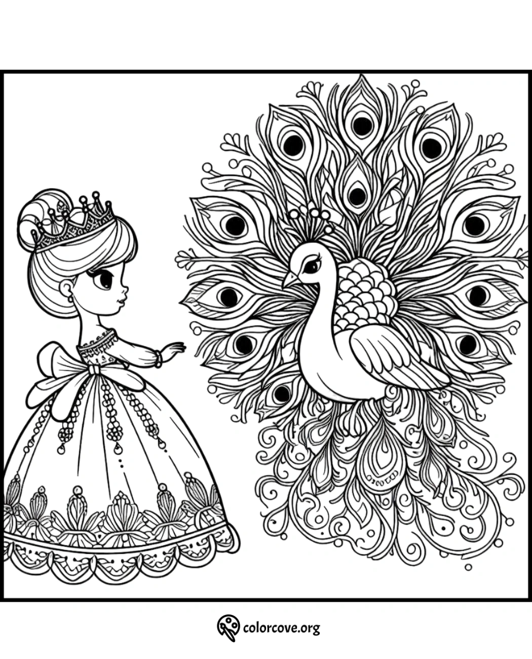 Princess and majestic peacock intricate coloring page for kids and adults; free printable artwork from colorcove.org.