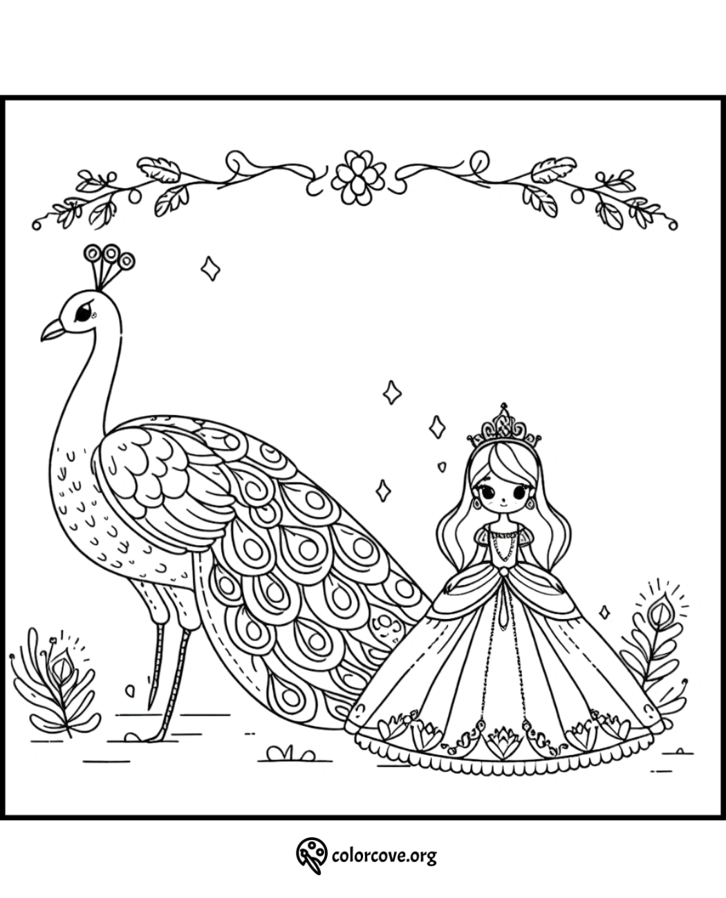 Coloring page featuring a princess in a dress and crown standing beside a peacock, with floral decorations above.