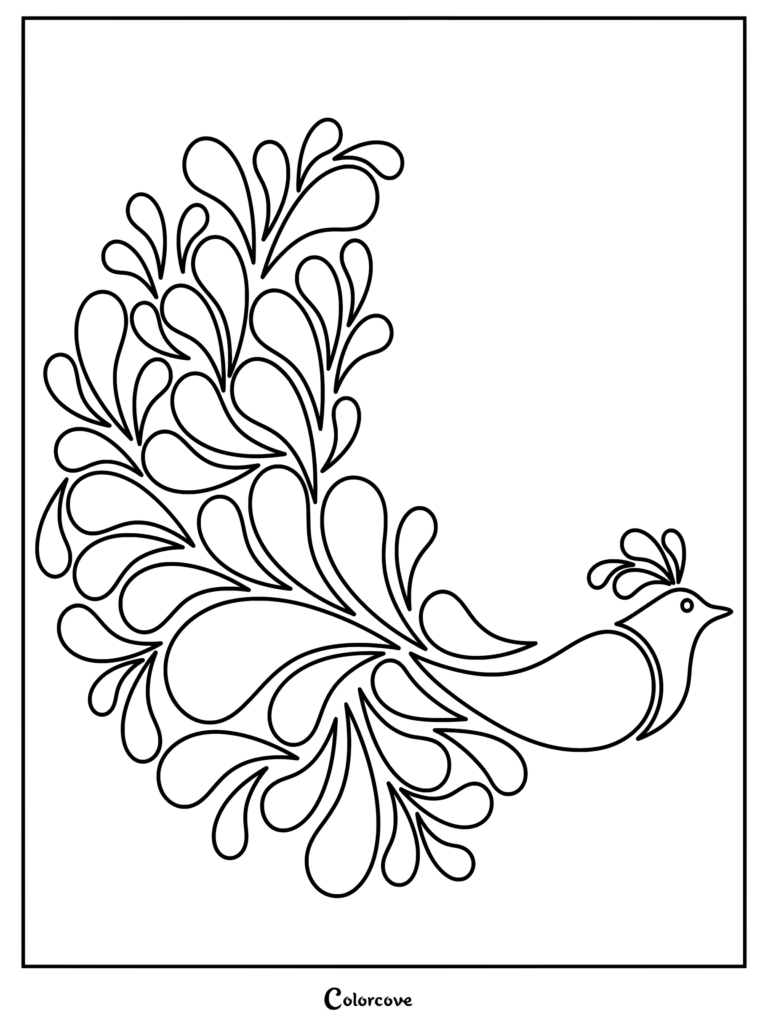 Minimalist peacock coloring page featuring teardrop-shaped feathers and a simple bird silhouette.
