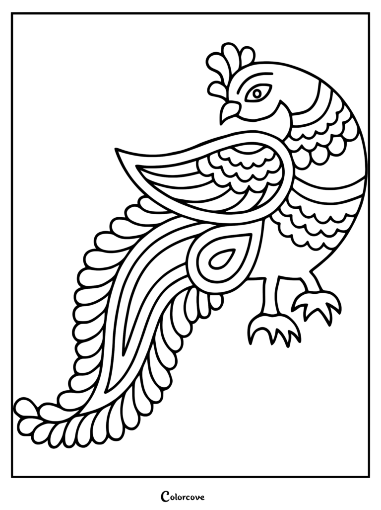 A simple peacock coloring page featuring bold outlines, a crested head, and a long, stylized tail with feather patterns.