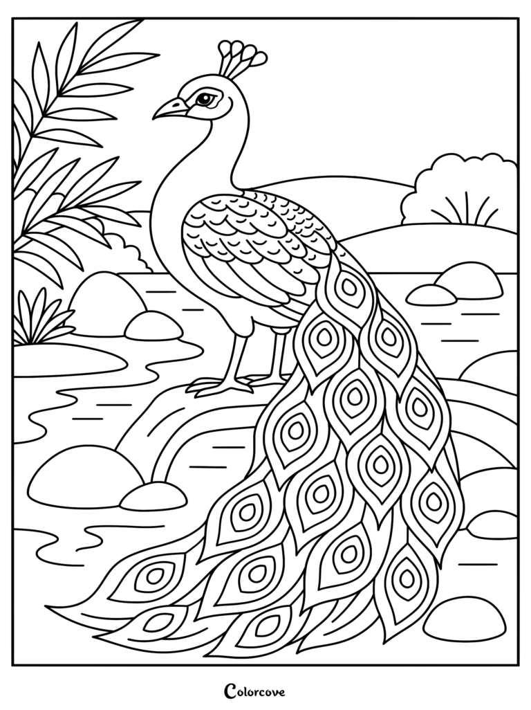 A majestic peacock standing on a riverbank with detailed plumage, palm leaves, and rolling hills in this printable coloring page.
