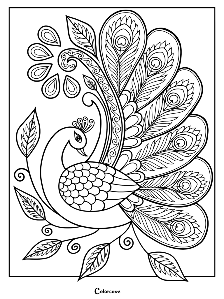 A detailed peacock coloring page featuring a bird with a fanned tail of ornate eye-patterned feathers and decorative leaves.