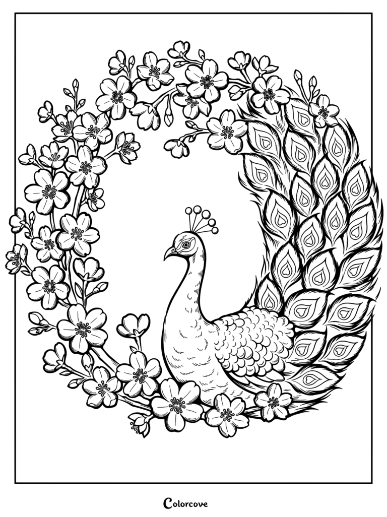 Intricate peacock coloring page featuring a regal bird with ornate fan feathers, paisley patterns, floral swirls, and a decorative crest.