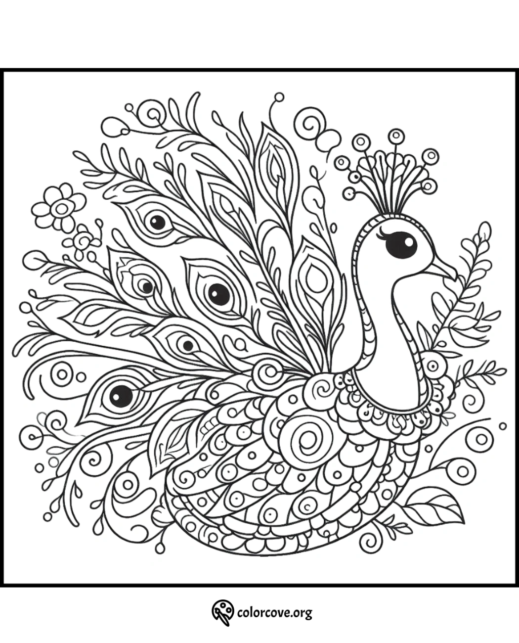 Intricate peacock coloring page with detailed feather patterns and floral designs, perfect for relaxing and creative coloring.