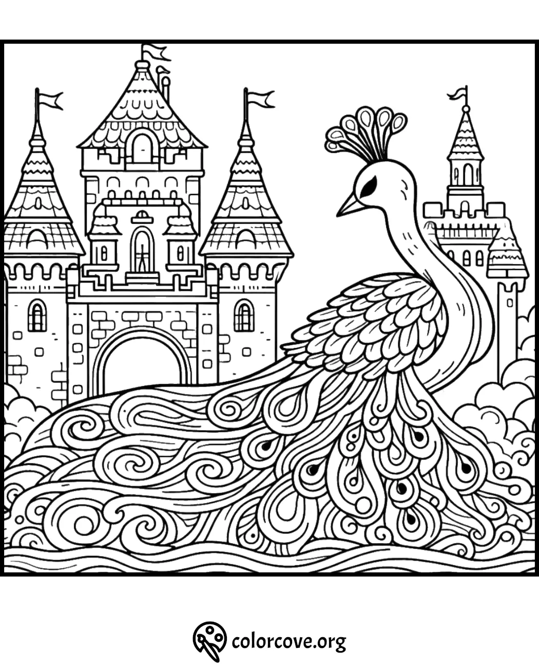 Peacock and castle coloring page for children and adults. Fun and relaxing peacock art with intricate castle details.