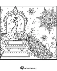 Intricate peacock coloring page with mandala, ornate chair, and floral patterns. Free printable from colorcove.org.