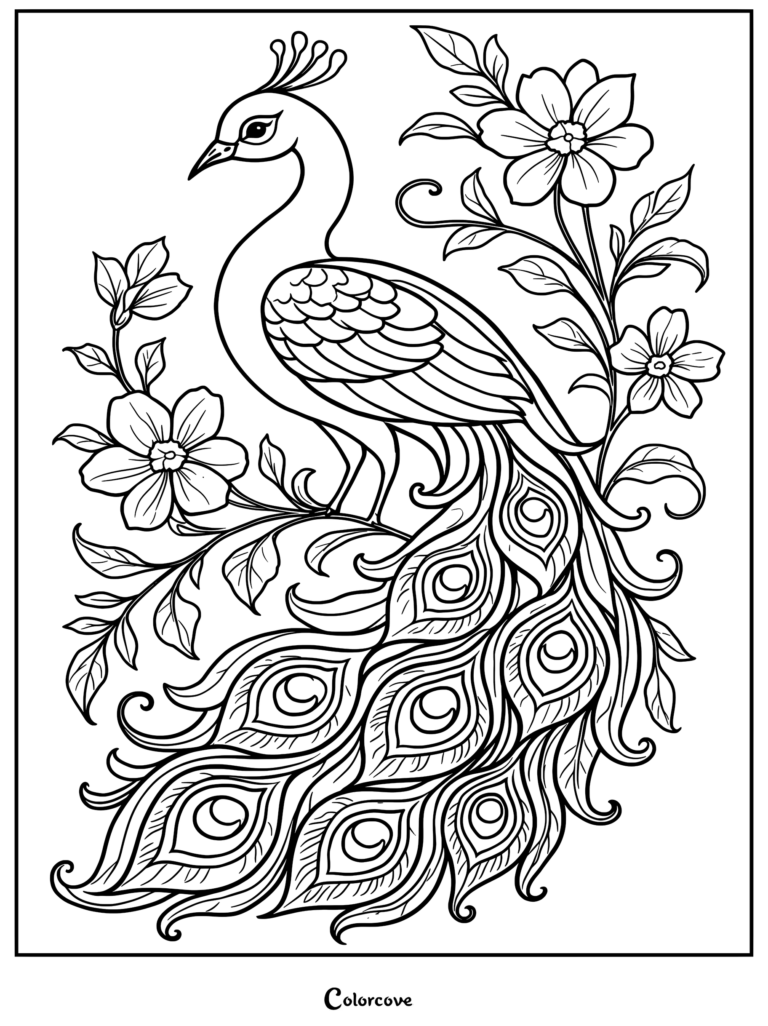 Intricate peacock sitting on an ornate royal throne surrounded by floral mandalas and decorative botanical line art in a printable coloring page.