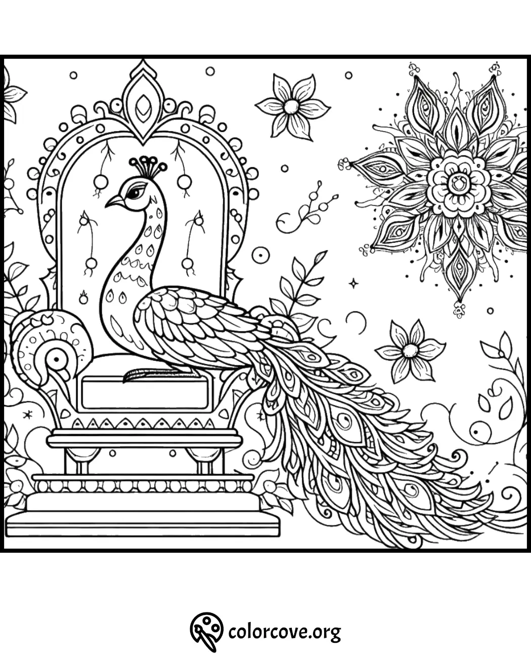 Intricate peacock coloring page with mandala, ornate chair, and floral patterns. Free printable from colorcove.org.