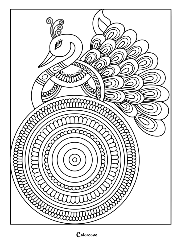 Intricate zentangle peacock coloring page featuring a bird with ornate, decorative tail feathers, floral accents, and swirling patterns.