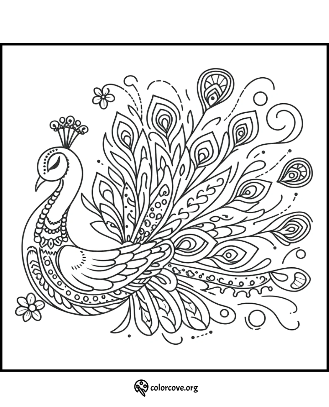 Intricate peacock coloring page with detailed feathers and floral designs, ideal for relaxing and creative coloring.