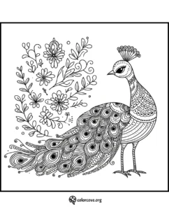 Peacock coloring page with intricate designs and floral patterns for relaxation and creativity from ColorCove.
