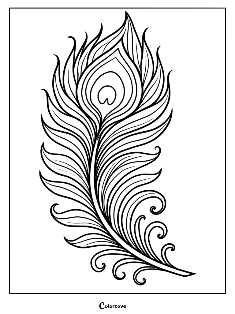 Intricate zentangle peacock coloring page featuring detailed feather patterns, a crested head, and surrounding floral line art doodles.