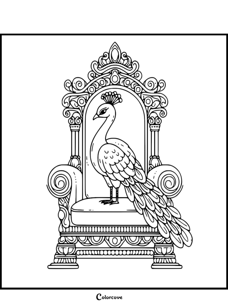 A majestic peacock with an elaborate crest standing proudly on a detailed, victorian-style throne in this printable coloring page.