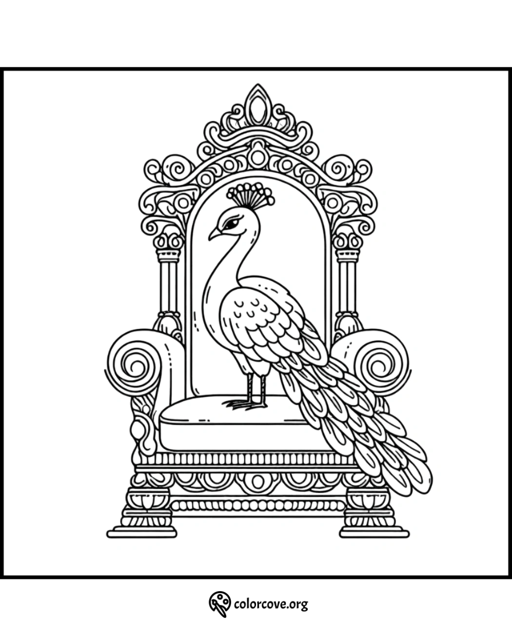 Intricate peacock on a royal throne coloring page, detailed and elegant design for kids and adults to color.