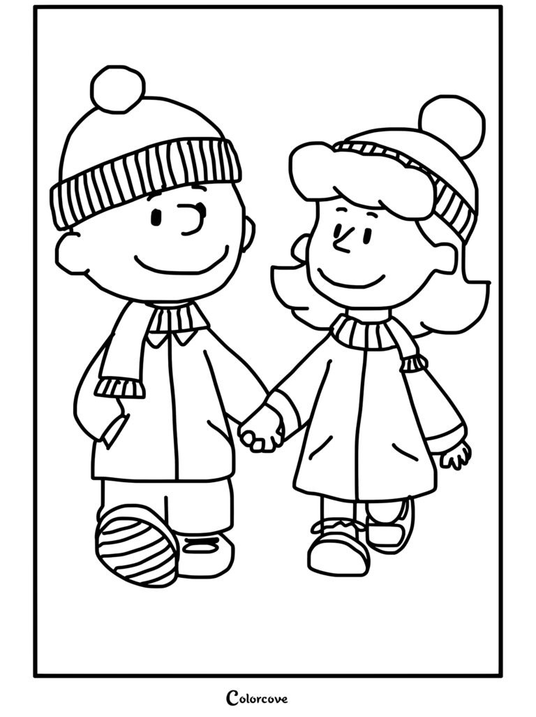 Page de coloriage de Charlie Brown et la Petite Fille Rousse se tenant la main en portant des bonnets d'hiver, des manteaux et des écharpes pour les fans de Peanuts