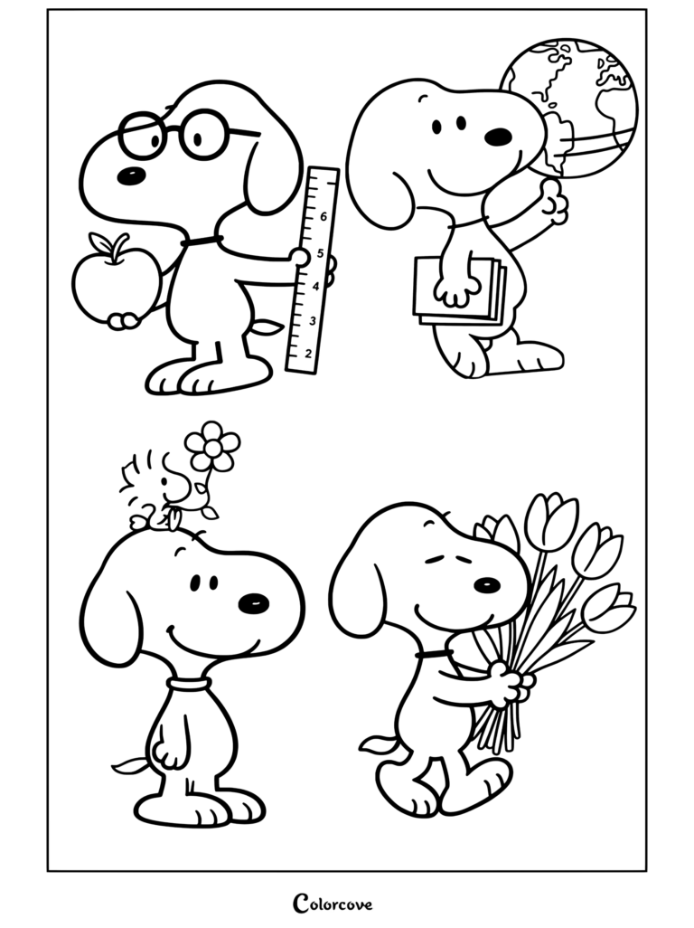 Quatre panneaux de Peanuts et Woodstock mettant en scène Peanuts avec des lunettes, une pomme et une règle, tenant un globe et des livres avec Woodstock sur sa tête, page de coloriage Peanuts gratuite.
