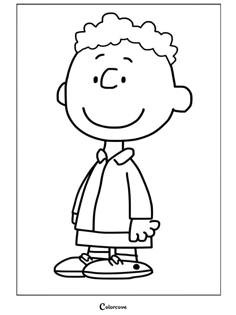 Page de coloriage du personnage Franklin de Peanuts debout avec une chemise orange et un short gris