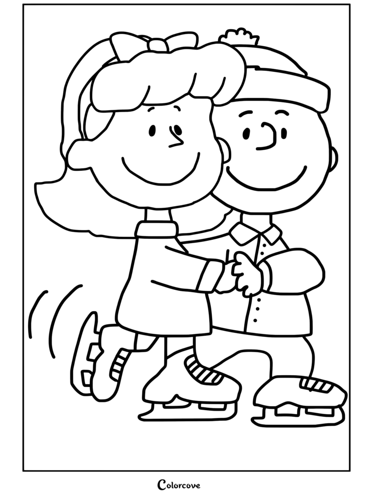 Page de coloriage de Heather et Charlie Brown faisant du patin à glace ensemble en se tenant la main tirée de Peanuts